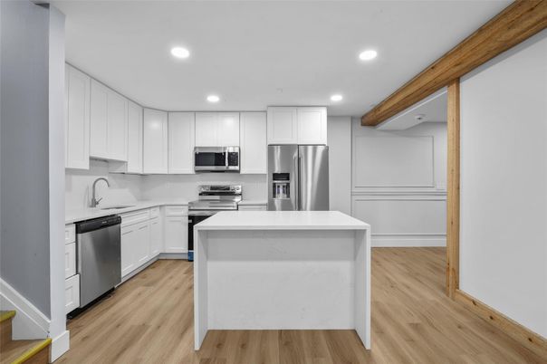 Interior, Kitchen, Recessed Lighting, Stainless Steel Appliances, Wood Texture Flooring