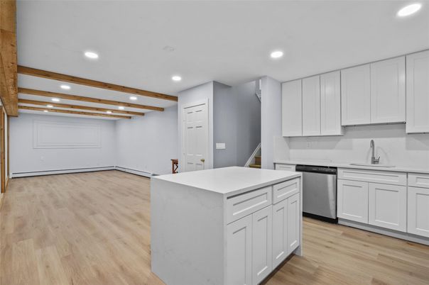 Interior, Kitchen, Recessed Lighting, Stainless Steel Appliances, Wooden Beams, Wood Texture Flooring