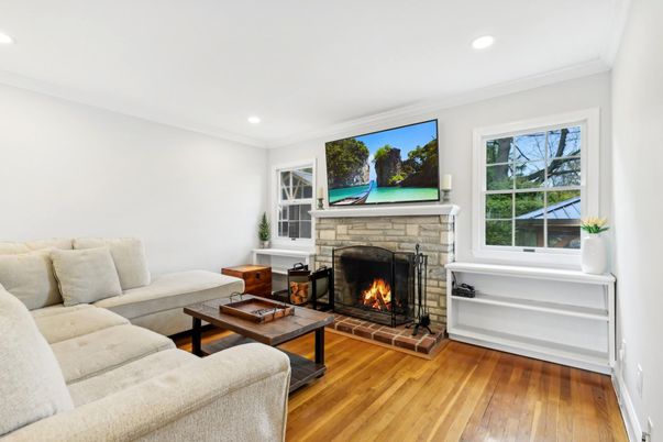 Fireplace, Interior, Living room, Recessed Lighting, Wood Texture Flooring