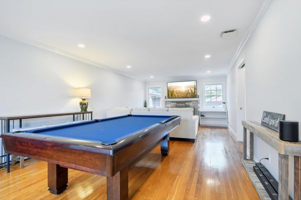 Billiard Table, Game Room, Interior, Recessed Lighting, Wood Texture Flooring