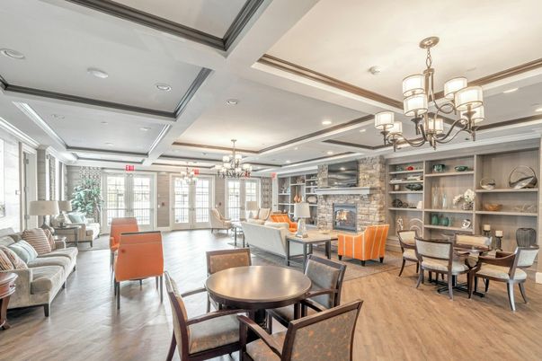 Chandelier, Dining room, Fireplace, Interior, Living room, Recessed Lighting, Stone Walls, Wood Texture Flooring