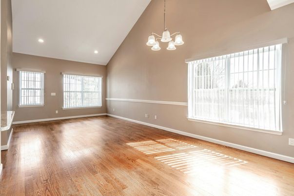 Chandelier, Empty room, Interior, Recessed Lighting, Wood Texture Flooring