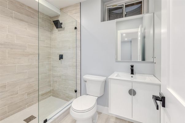 Bathroom, Glass Shower, Interior, Wood Texture Flooring