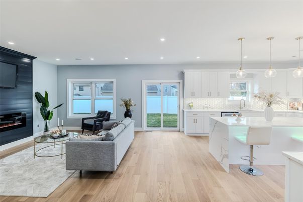 Fireplace, Interior, Kitchen, Living room, Pendant Lights, Recessed Lighting, Wood Texture Flooring