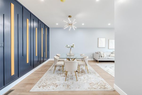 Dining room, Interior, Pendant Lights, Recessed Lighting, Wood Texture Flooring