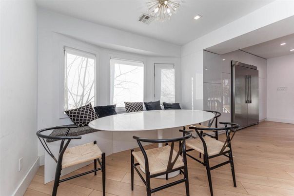 Dining room, Interior, Recessed Lighting, Wood Texture Flooring