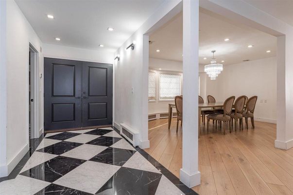 Chandelier, Dining room, Interior, Marble, Recessed Lighting, Wood Texture Flooring