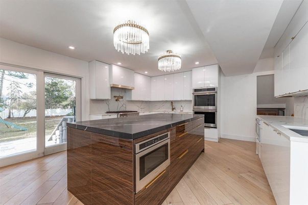 Chandelier, Interior, Kitchen, Recessed Lighting, Stainless Steel Appliances, Wood Texture Flooring
