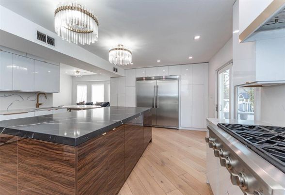 Chandelier, Interior, Kitchen, Recessed Lighting, Stainless Steel Appliances, Wood Texture Flooring