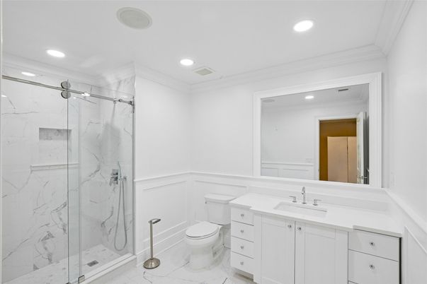 Bathroom, Glass Shower, Interior, Marble, Marble Walls, Recessed Lighting