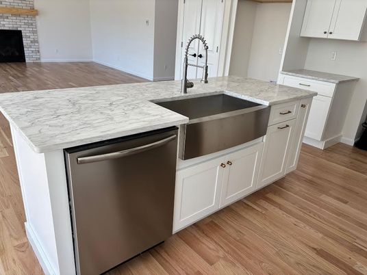 Fireplace, Interior, Kitchen, Stainless Steel Appliances, Wood Texture Flooring