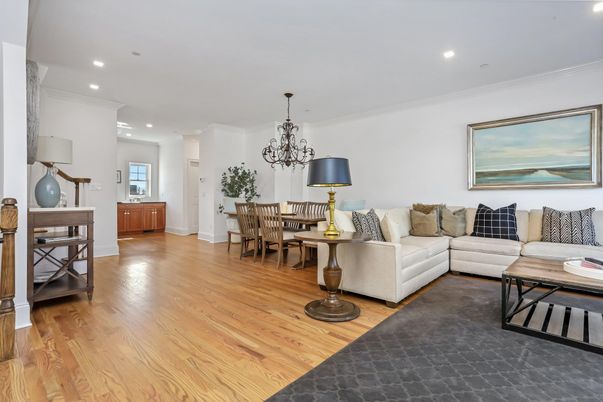 Chandelier, Dining room, Interior, Living room, Recessed Lighting, Wood Texture Flooring