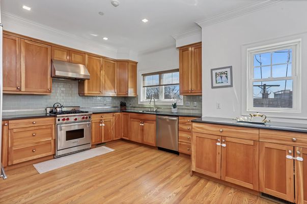 Interior, Kitchen, Recessed Lighting, Stainless Steel Appliances, Wood Texture Flooring