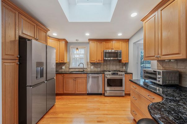 Interior, Kitchen, Pendant Lights, Recessed Lighting, Stainless Steel Appliances, Wood Texture Flooring