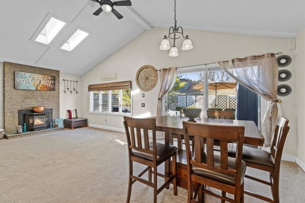 Dining room, Fireplace, Interior, Pendant Lights