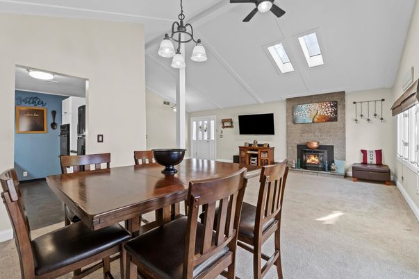 Dining room, Fireplace, Interior, Pendant Lights