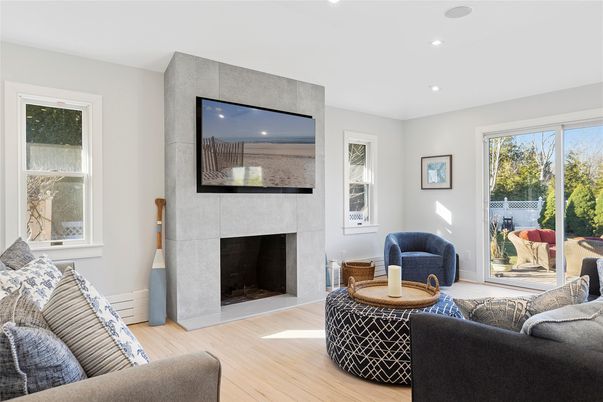 Fireplace, Interior, Living room, Recessed Lighting, Wood Texture Flooring