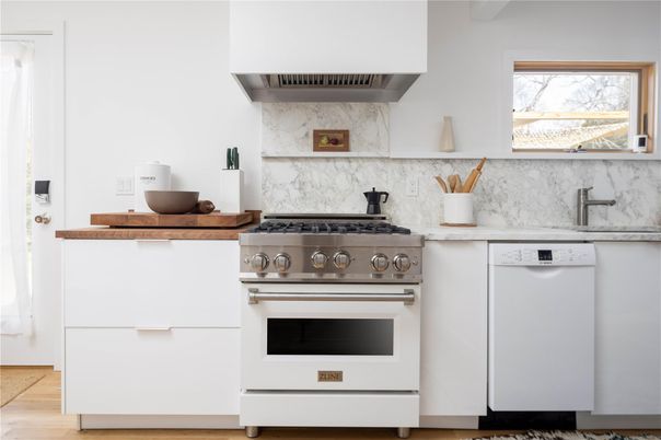 Interior, Kitchen, Marble Walls, Stainless Steel Appliances, Wood Texture Flooring