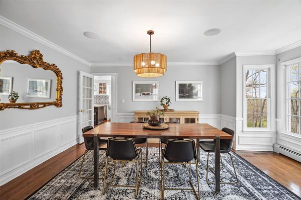 Dining room, Interior, Pendant Lights, Wood Texture Flooring