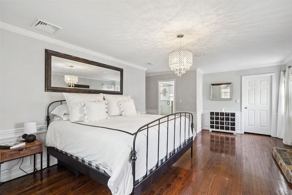 Bedroom, Chandelier, Interior, Wood Texture Flooring