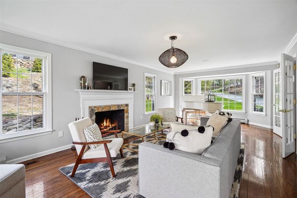 Fireplace, Interior, Living room, Pendant Lights, Wood Texture Flooring