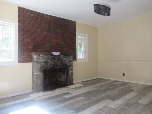 Empty room, Fireplace, Interior, Stone Walls, Wood Texture Flooring