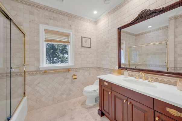 Bathroom, Glass Shower, Interior, Recessed Lighting, Stone Walls