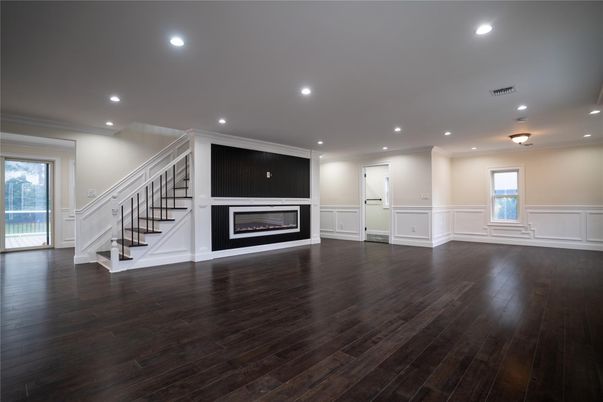 Empty room, Fireplace, Interior, Recessed Lighting, Wood Texture Flooring