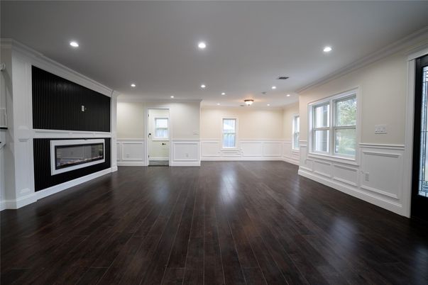 Empty room, Fireplace, Interior, Recessed Lighting, Wood Texture Flooring
