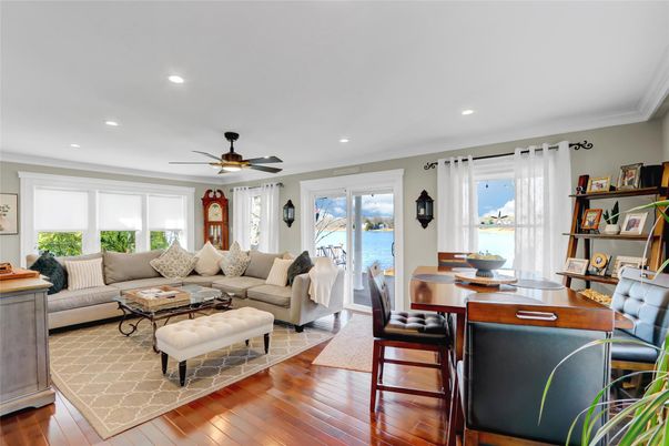 Dining room, Interior, Living room, Recessed Lighting, Water, Wood Texture Flooring
