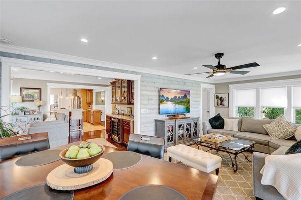 Dining room, Interior, Kitchen, Living room, Recessed Lighting, Stone Walls