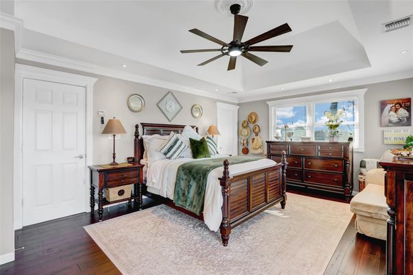 Bedroom, Interior, Recessed Lighting, Wood Texture Flooring