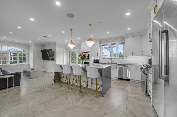 Interior, Kitchen, Marble, Pendant Lights, Recessed Lighting, Stainless Steel Appliances