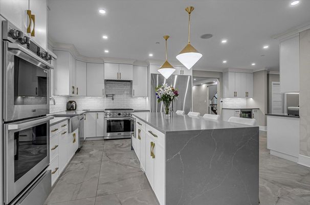 Interior, Kitchen, Marble, Pendant Lights, Recessed Lighting, Stainless Steel Appliances