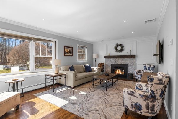 Fireplace, Interior, Living room, Recessed Lighting, Wood Texture Flooring