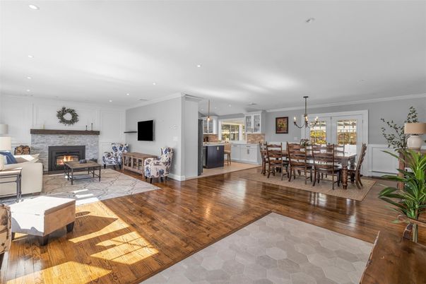 Dining room, Fireplace, Interior, Kitchen, Living room, Pendant Lights, Recessed Lighting, Wood Texture Flooring