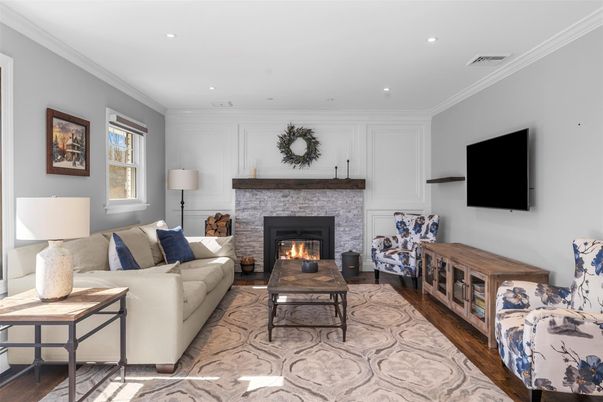 Fireplace, Interior, Living room, Recessed Lighting, Wood Texture Flooring