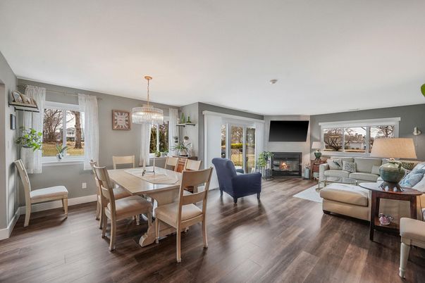 Chandelier, Dining room, Fireplace, Interior, Living room, Wood Texture Flooring