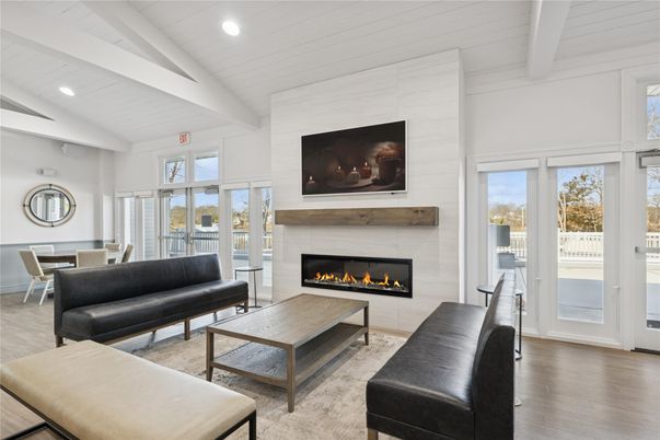 Dining room, Fireplace, Interior, Living room, Recessed Lighting, Wood Texture Flooring