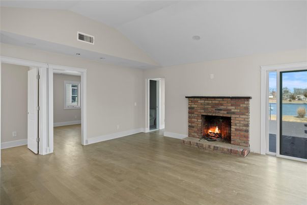 Empty room, Fireplace, Interior, Water, Wood Texture Flooring