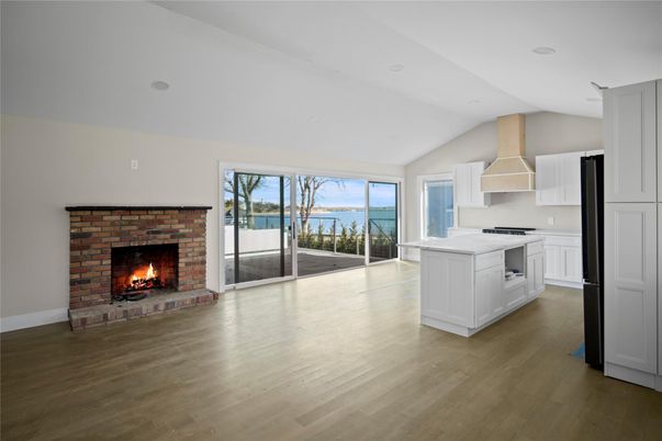 Fireplace, Interior, Kitchen, Pendant Lights, Recessed Lighting, Water, Wood Texture Flooring