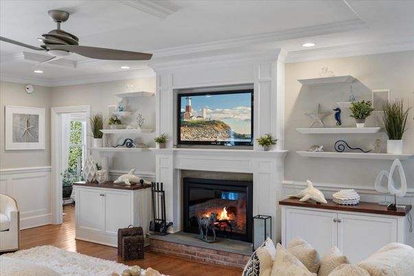Fireplace, Interior, Recessed Lighting, Wood Texture Flooring