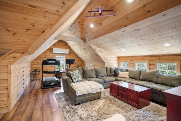 Fitness Equipment, Interior, Living room, Recessed Lighting, Wooden Beams, Wooden Ceilings, Wood Texture Flooring, Wooden Walls