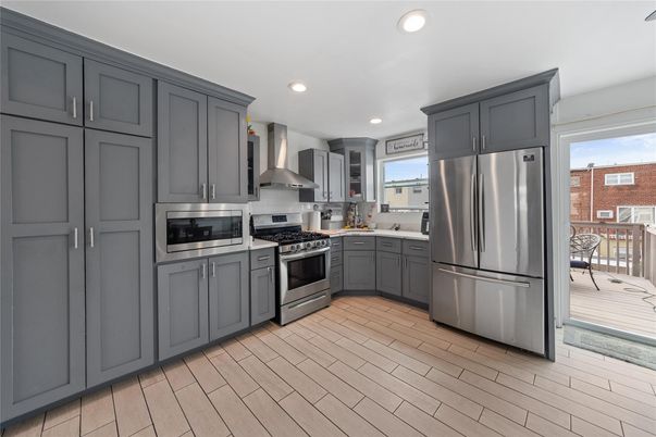 Interior, Kitchen, Recessed Lighting, Stainless Steel Appliances, Wood Texture Flooring