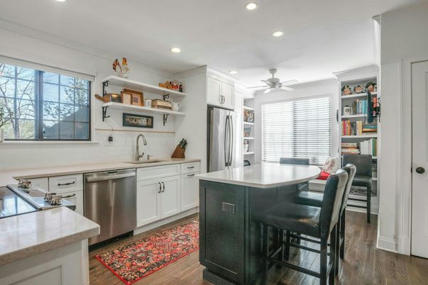Dining room, Interior, Kitchen, Recessed Lighting, Stainless Steel Appliances, Wood Texture Flooring