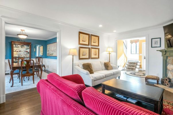 Dining room, Fireplace, Interior, Living room, Recessed Lighting, Wood Texture Flooring