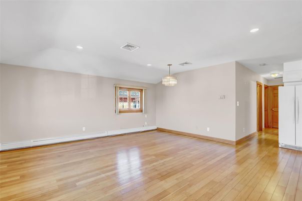 Chandelier, Empty room, Interior, Recessed Lighting, Wood Texture Flooring
