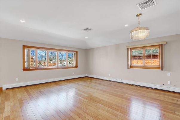 Chandelier, Empty room, Interior, Recessed Lighting, Wood Texture Flooring