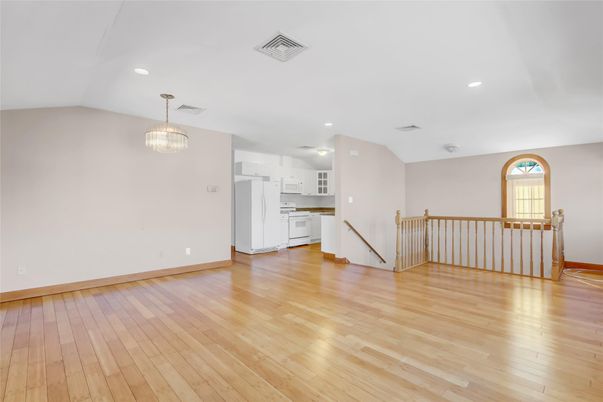 Chandelier, Empty room, Interior, Kitchen, Recessed Lighting, Wood Texture Flooring