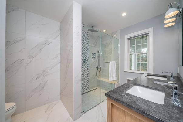 Bathroom, Glass Shower, Interior, Marble, Marble Walls, Recessed Lighting